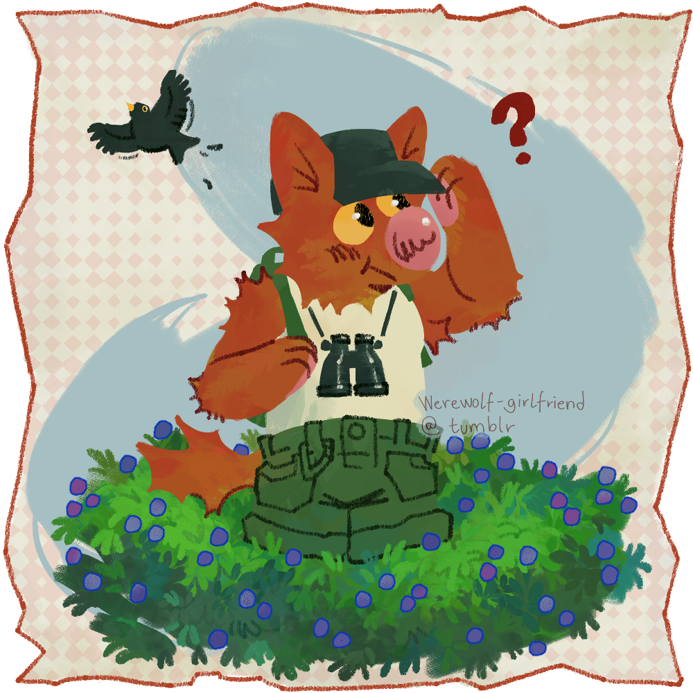 Digital art of a red anthropomorphic canine standing in a field of blueberry bushes, looking confused. Behind the canine, a blackbird flies by.