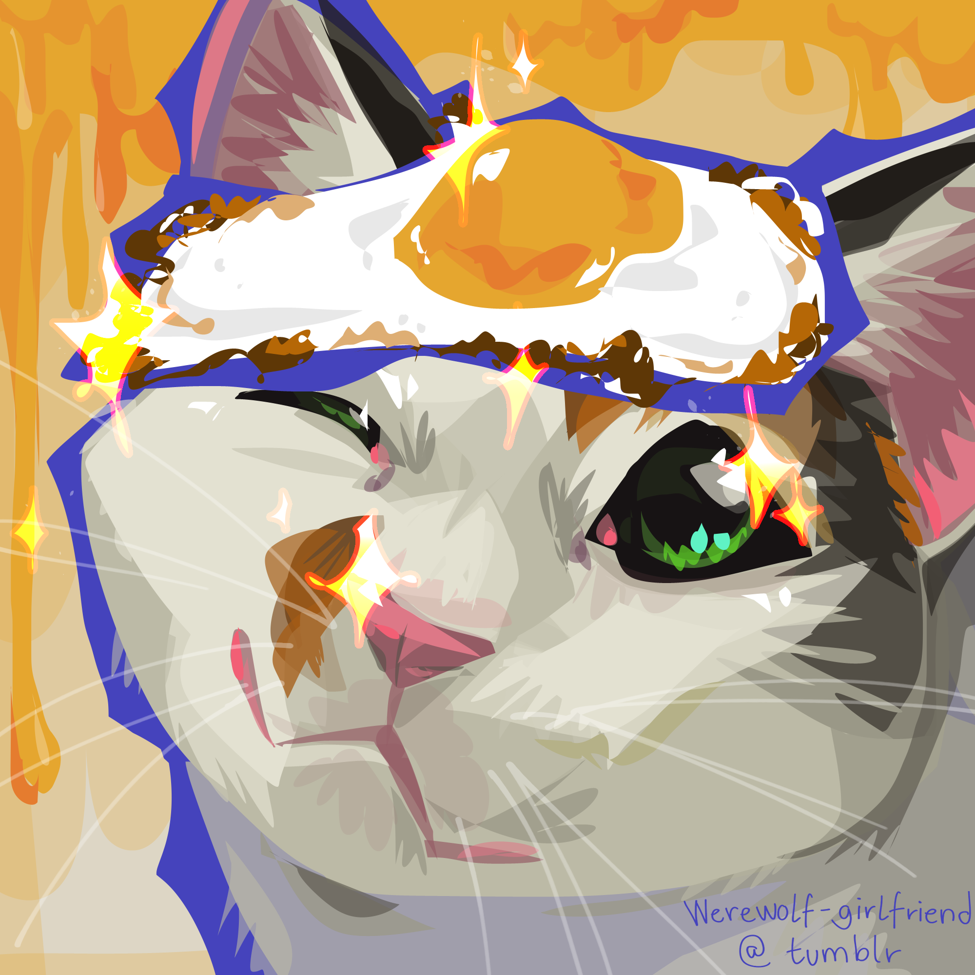 Digital art of a calico cat, winking at the camera. The cat has a fried egg on its head.