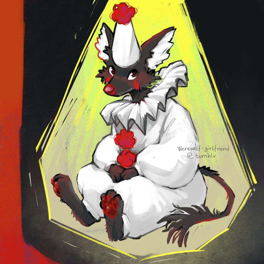 Digital painting of a black anthropomorphic fox in a white pierrot costume with red poofs.