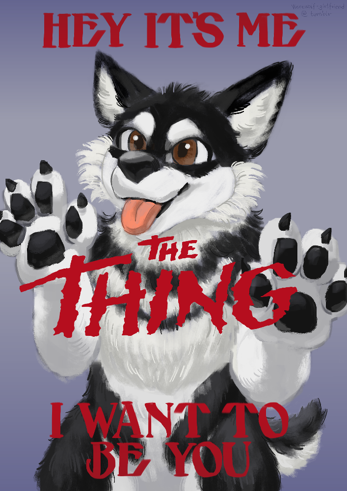 A digital painting of a husky fursuit on a lilac background. The text "Hey it's me the thing I want to be you" is imposed over the painting.