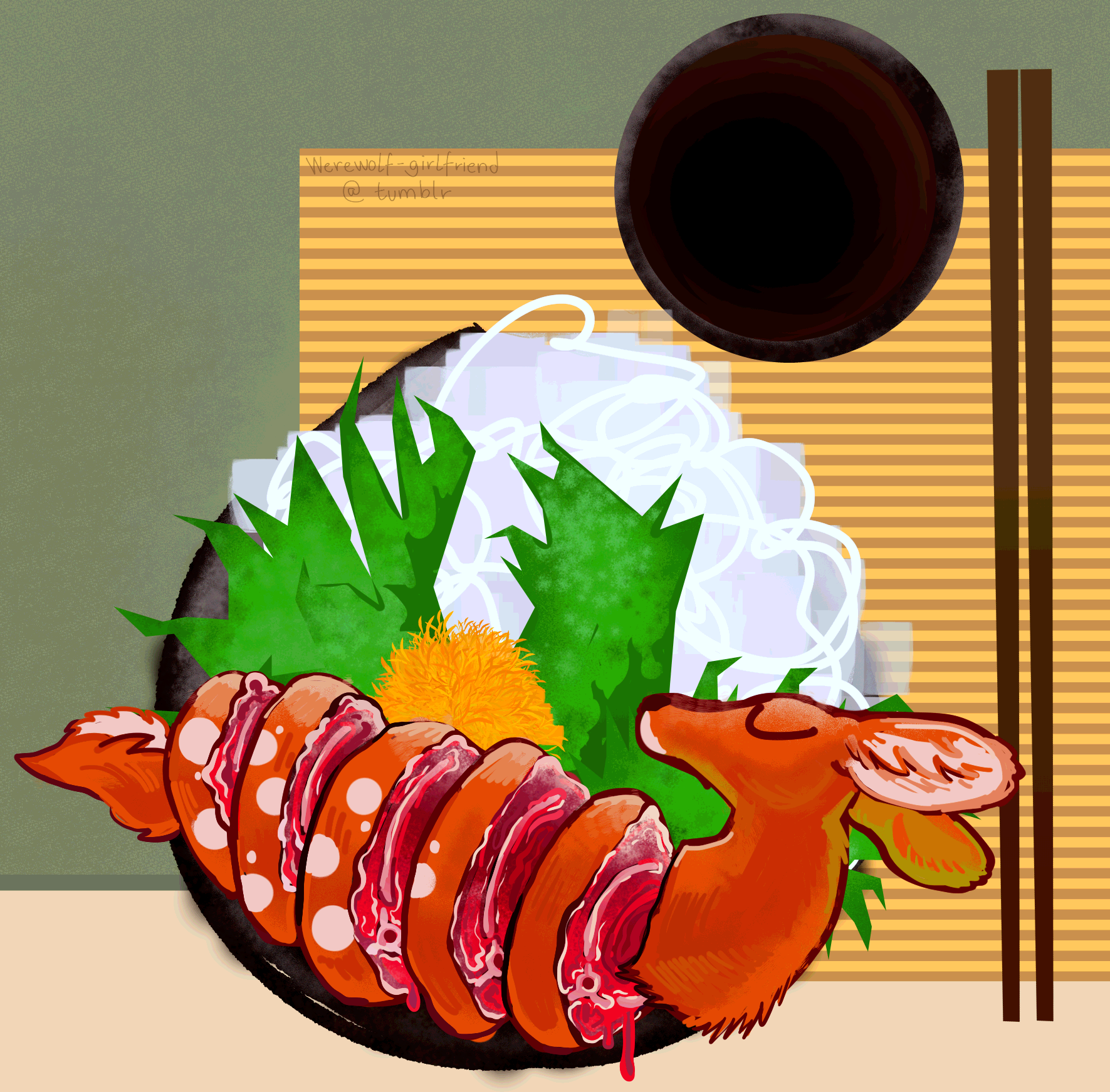 Digital art of a sashimi table setting, with chopsticks and a dish for soy sauce. The sashimi dish contains red, meaty slices of a deer instead of fish.