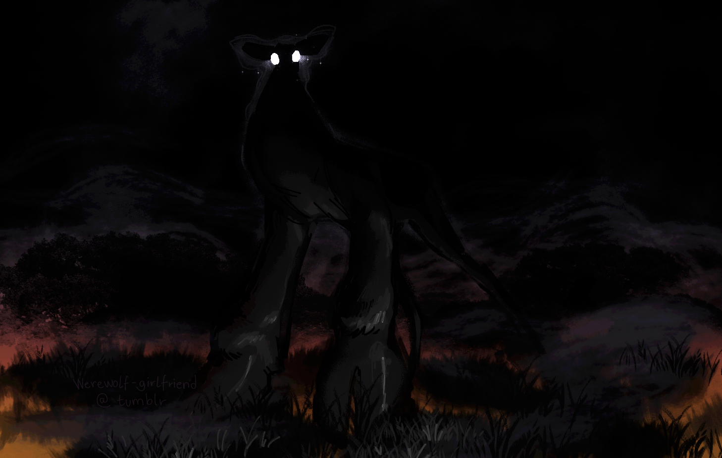 Digital painting of a very large deer in a field at twilight. A camera flash illuminates the large front hooves of the deer, while its head, being so high up, remains in darkness. The deer peers back with large, white glowing eyes.