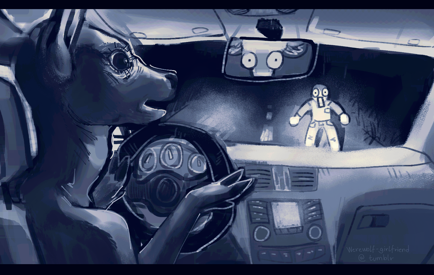 A digital monochrome painting. A deer stares on in shock from the driver's seat of a car, as a collision with an equally shocked human on the road ahead is imminent.