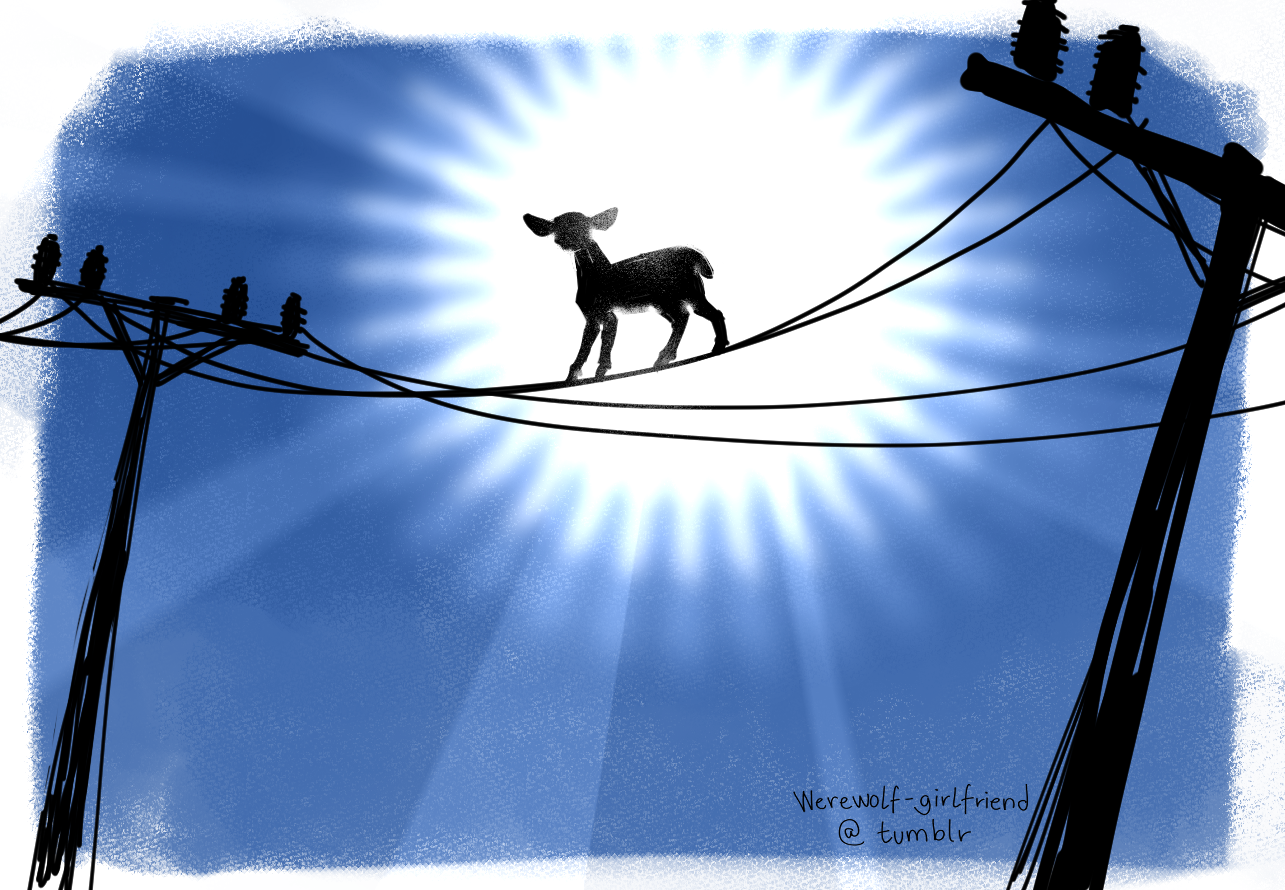 Digital painting of a deer standing precariously on overhead power lines. Behind the deer is a bright sun and a blue sky.