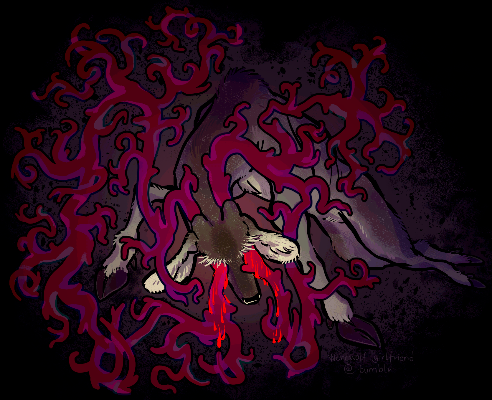 Digital drawing depicting a deer struggling to stand on a dark, abstract background. The deer's antlers are unnaturally large and twisting. Bright red drops of blood run down the antlers where they have pierced the deer's eyes.