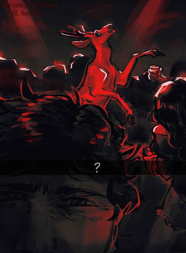 Digital drawing imitating a snapchat. The top half of the sender's confused expression sits in the lower left corner. Behind them is a darkened club, where a deer prominently and bipedally dances in the middle of the crowd.