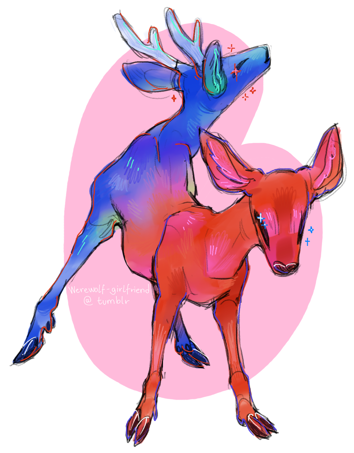 Digital doodle of conjoined deer, each with their own set of forelegs and a head. One end is colored blue and has antlers, the other end is red.