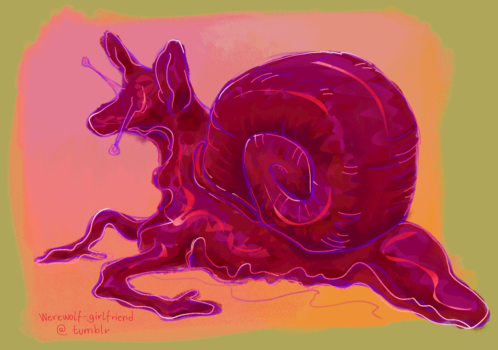 Digital drawing of a mix between a snail and a deer. It's mulberry purple and has a big snail shell on it's back, and goopy front hooves laying limply alongside it.