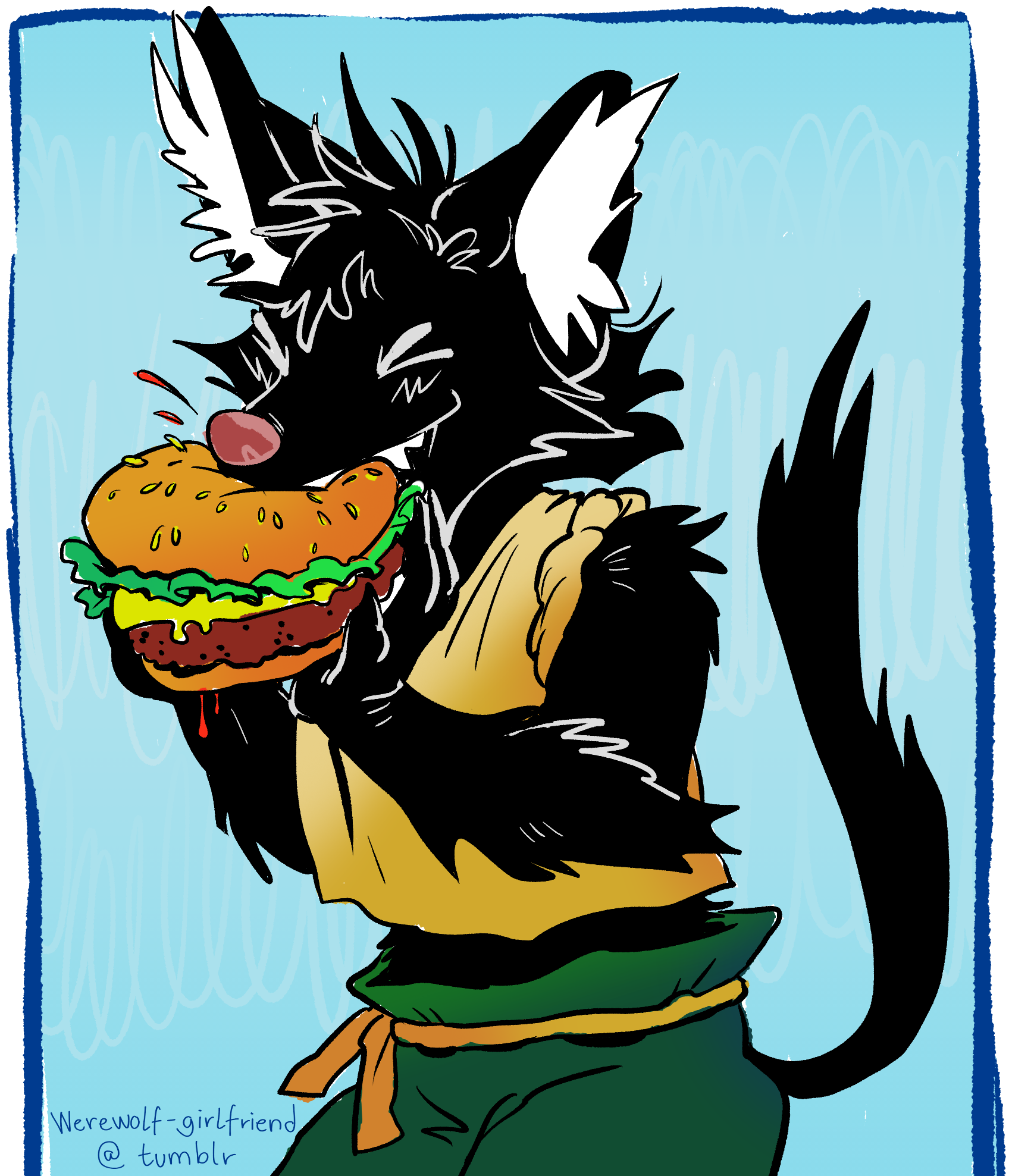 A black, fluffy, fox-like fursona biting into a big burger.